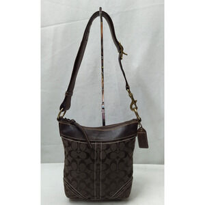 Coach Signature Brown Canvas Leather Trim Zipper Closure Crossbody Shoulder Bag